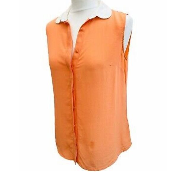 MASSIMO DUTTI SILK BUTTON DOWN SLEEVELESS SHIRT TANGERINE ORANGE WHITE COLLAR M - Picture 2 of 11
